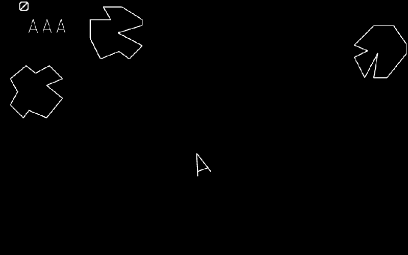 Asteroids screenshot: the player's vector ship surrounded by three drifting asteroid outlines