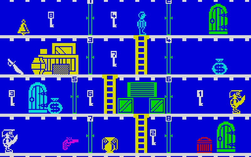 Booty screenshot: Jim the cabin boy in a hold of the Black Galleon with numbered doors, keys, ladders and treasure