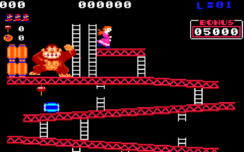 Donkey Kong screenshot: first girder level with Kong and Pauline at the top and Mario below