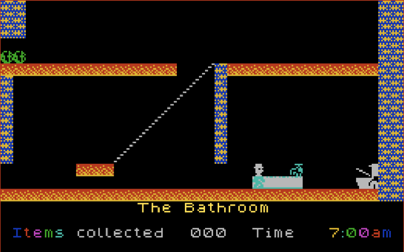 Jet Set Willy screenshot: The Bathroom room of Willy's mansion at 7:00am