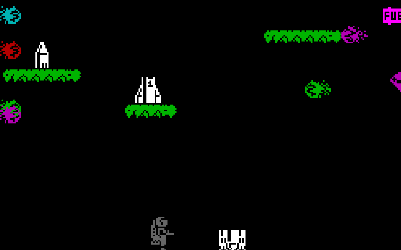 Jetpac screenshot: Jetman assembling his rocket on green platforms while aliens swarm around