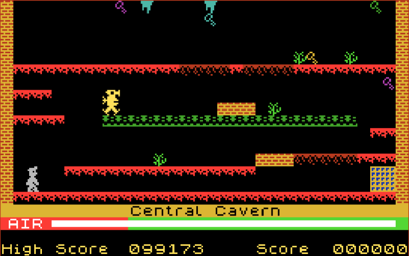 Manic Miner screenshot: Miner Willy in the Central Cavern with red platforms, keys and the air supply bar