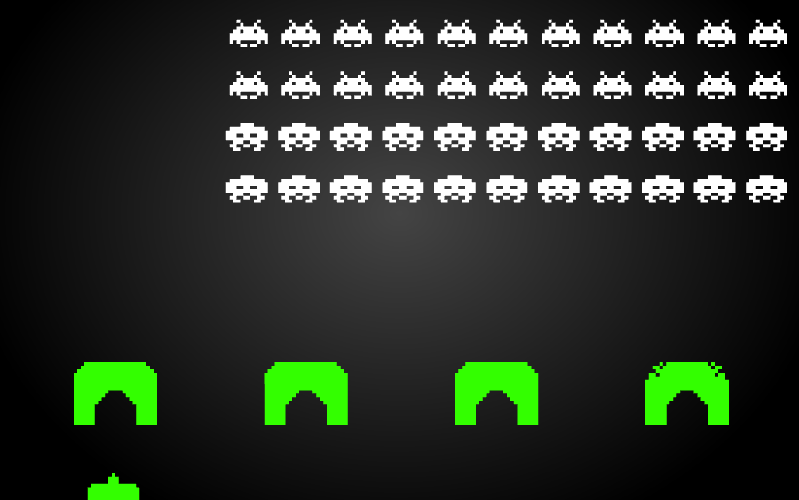 Space Invaders screenshot: alien formation descending toward shields and the player cannon